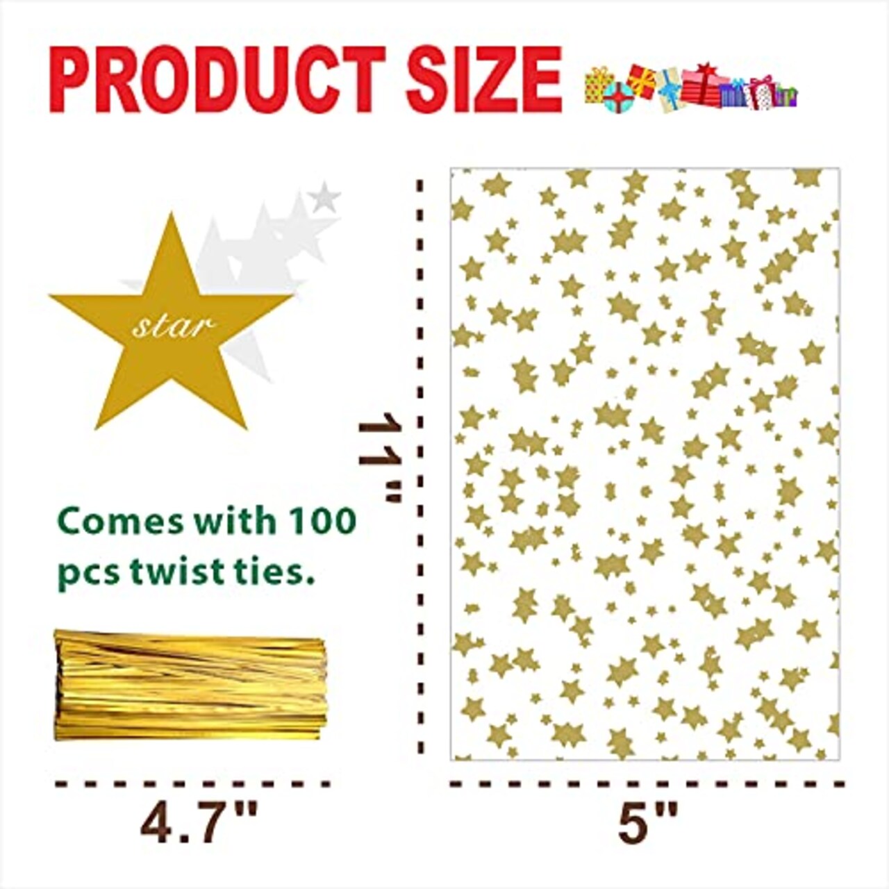 100 Pieces Clear 5"X 11" Flat Gift Wrap Cellophane Bags Cello Bags Cookie Bags Treat Bags with Twist Ties Poly Bag 1.3 mil for Bakery, Cookie, Candies Gold Star Printed